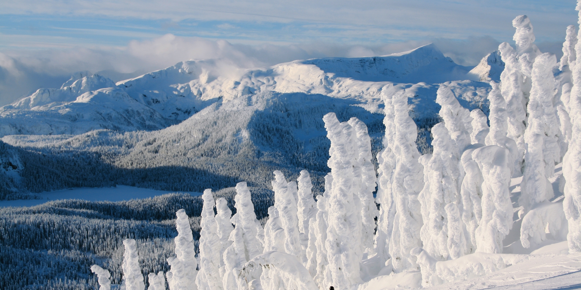 A person skiing amongst snow ghosts at Mount Washington Alpine Resort with now-covered mountains in the background